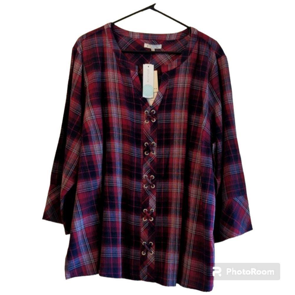 Skies Are Blue Blouse Women 3XL Londyn Lace-Up Detail Red Plaid Long Sleeve